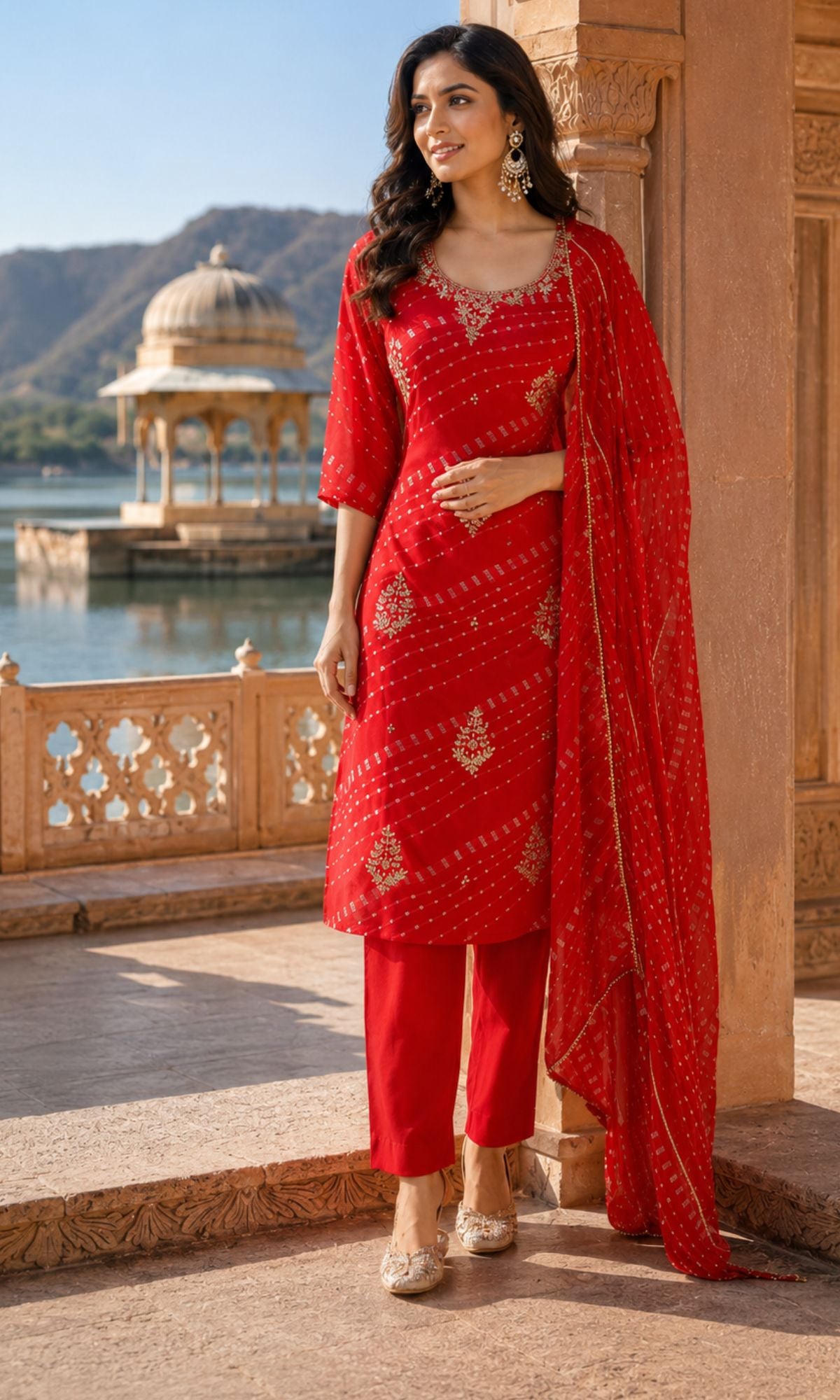 Red Printed Kurta Set