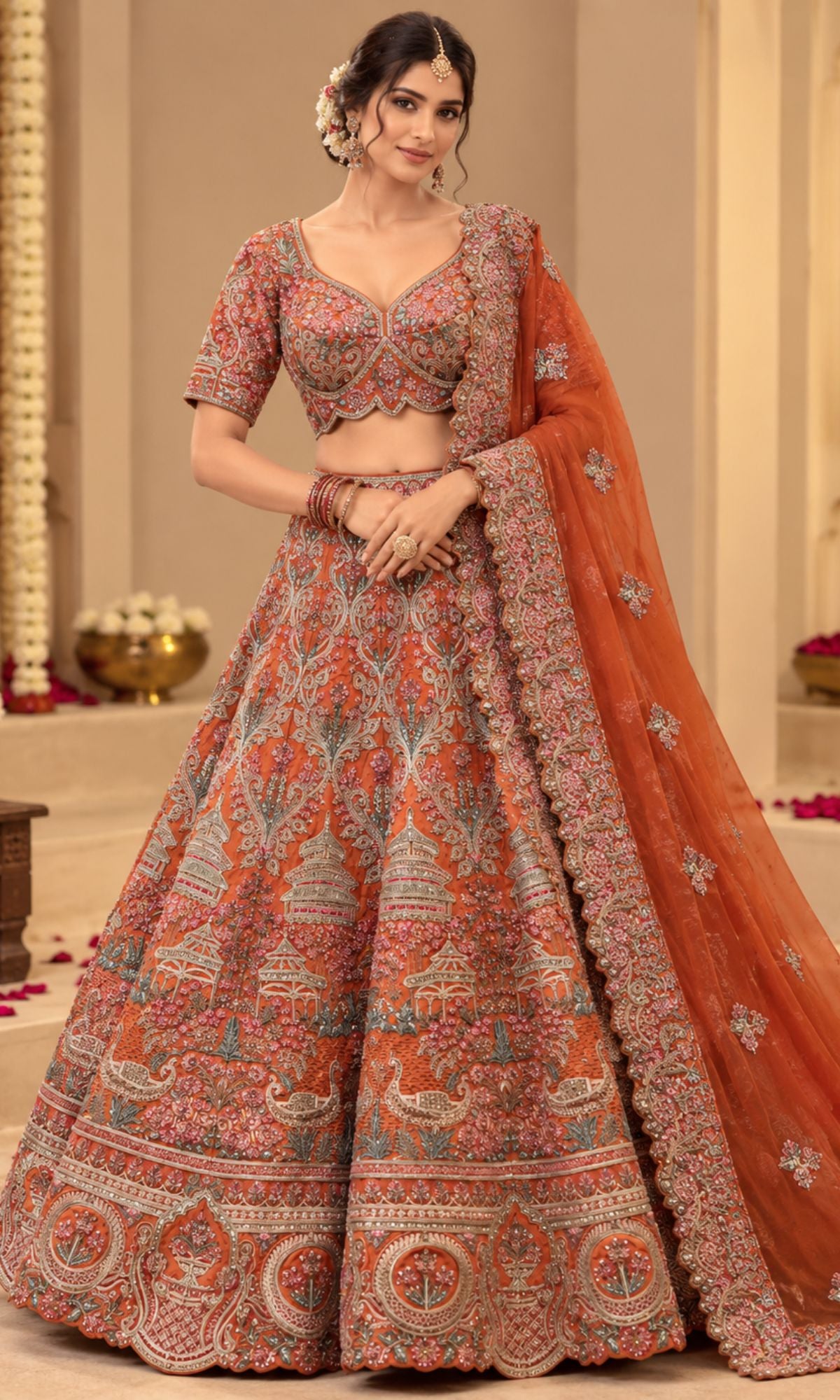 Orange Heavy Embroidered Bridal Lehenga with Blouse & Dupatta