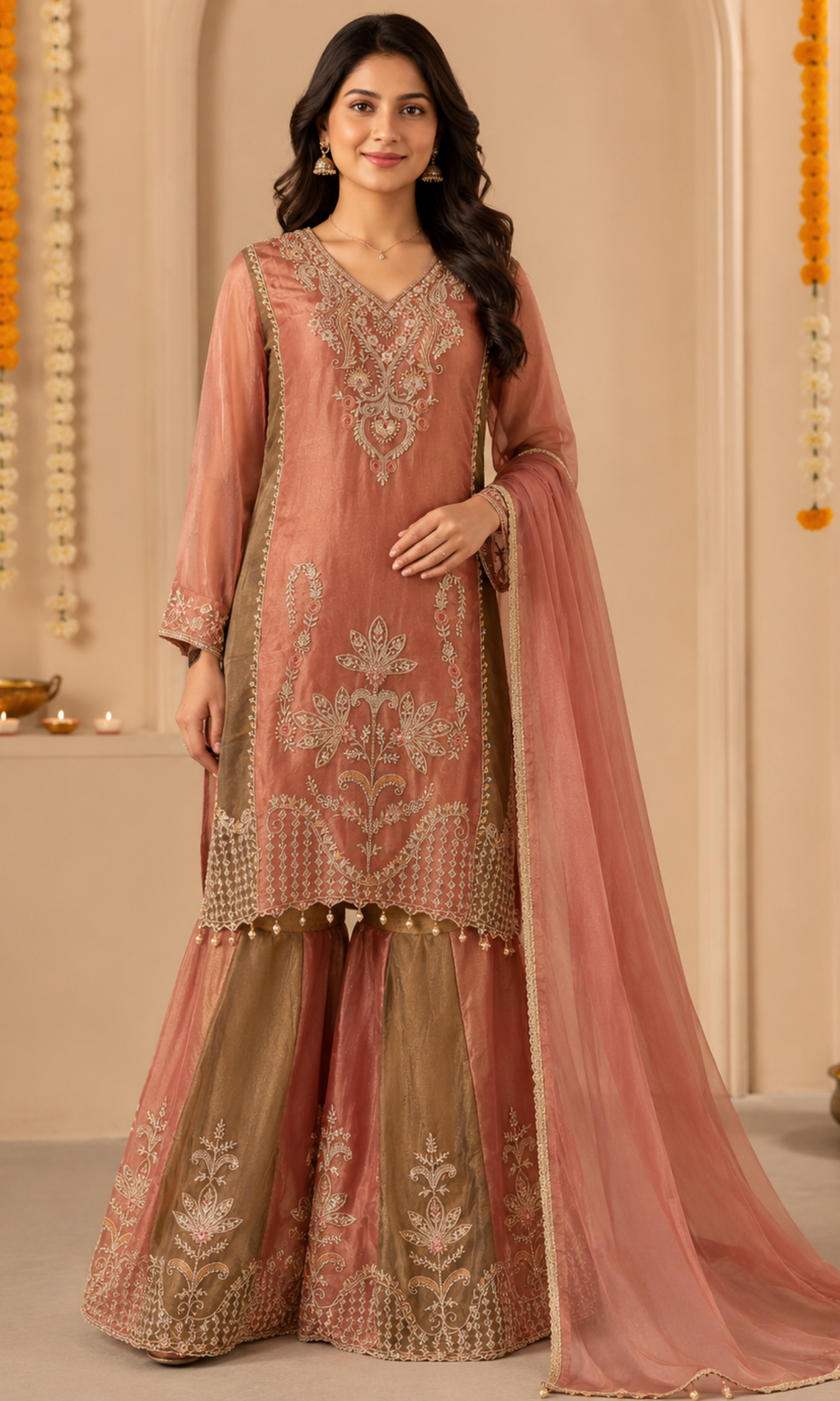 Rust Embroidered palazzo Sharara set