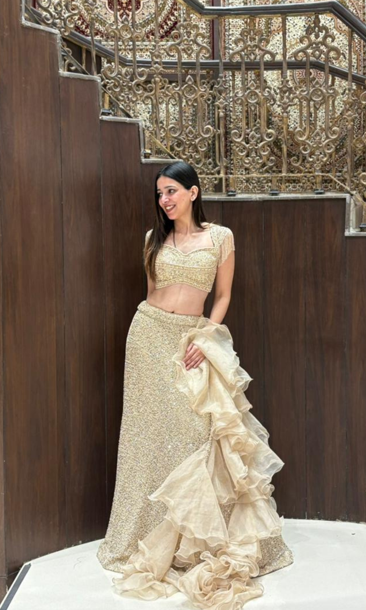 Gold Shimmer Lehenga with Stiched Blouse and Ruffle Dupatta