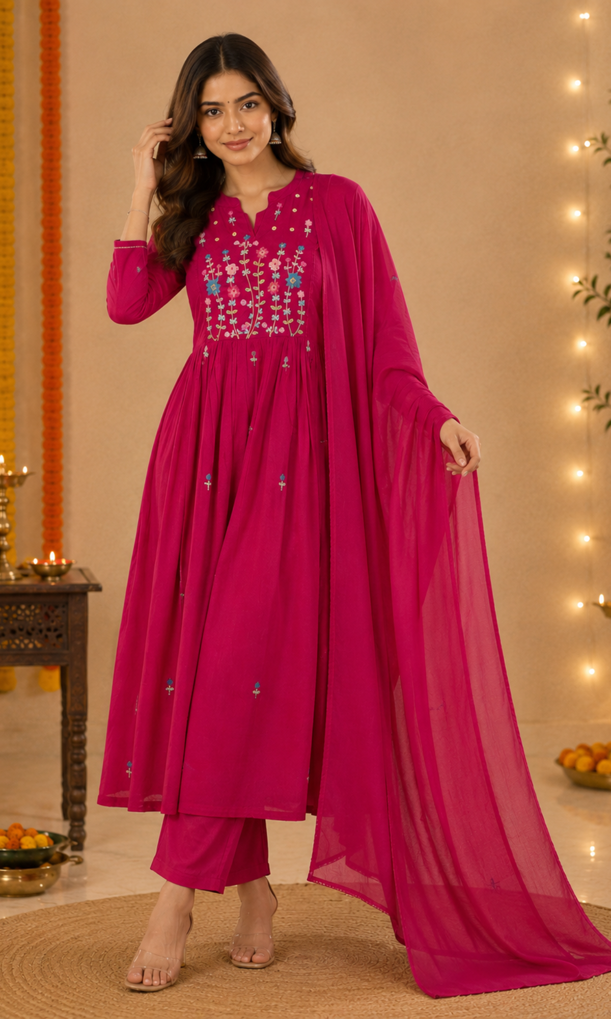 Magenta Pink Floral Embroidered Anarkali Kurta Set