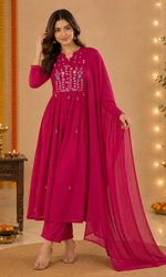 Magenta Pink Floral Embroidered Anarkali Kurta Set