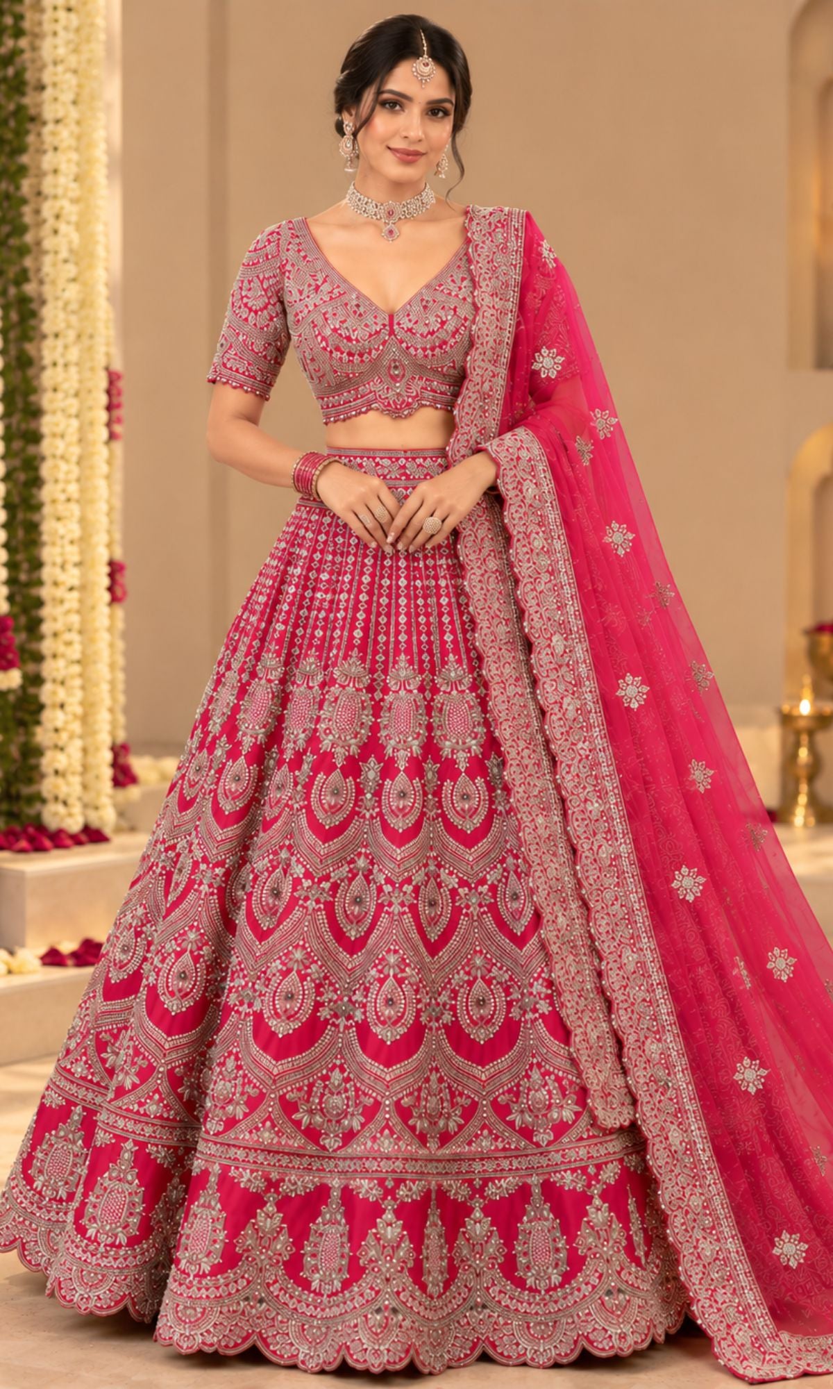 Pink Heavy Embroidered Bridal Lehenga with Blouse & Dupatta