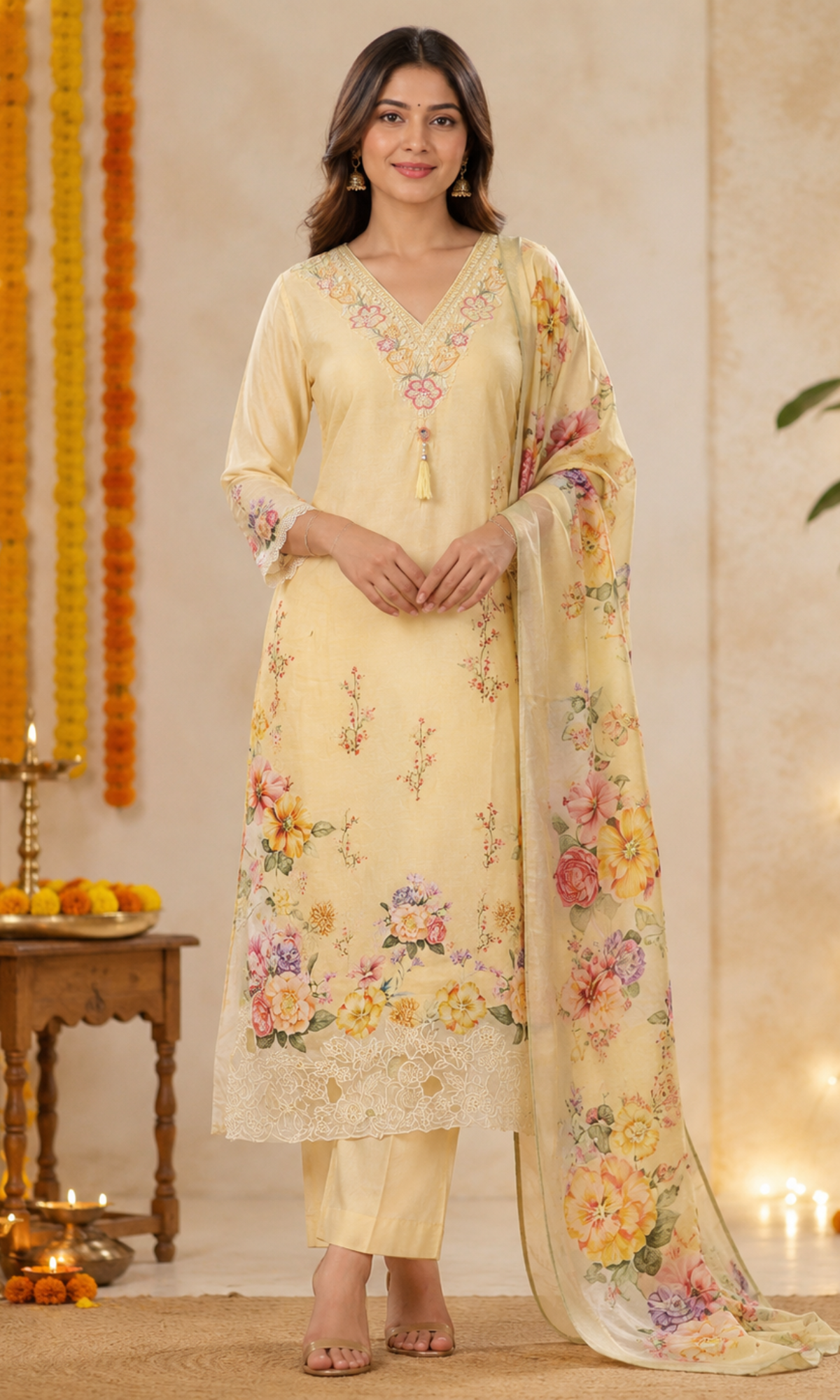 Yellow Floral Printed Kurta Set