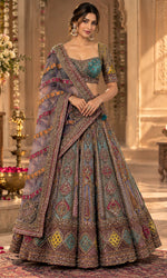 Teal & Mauve Embroidered Designer Lehenga with Geometric Motifs