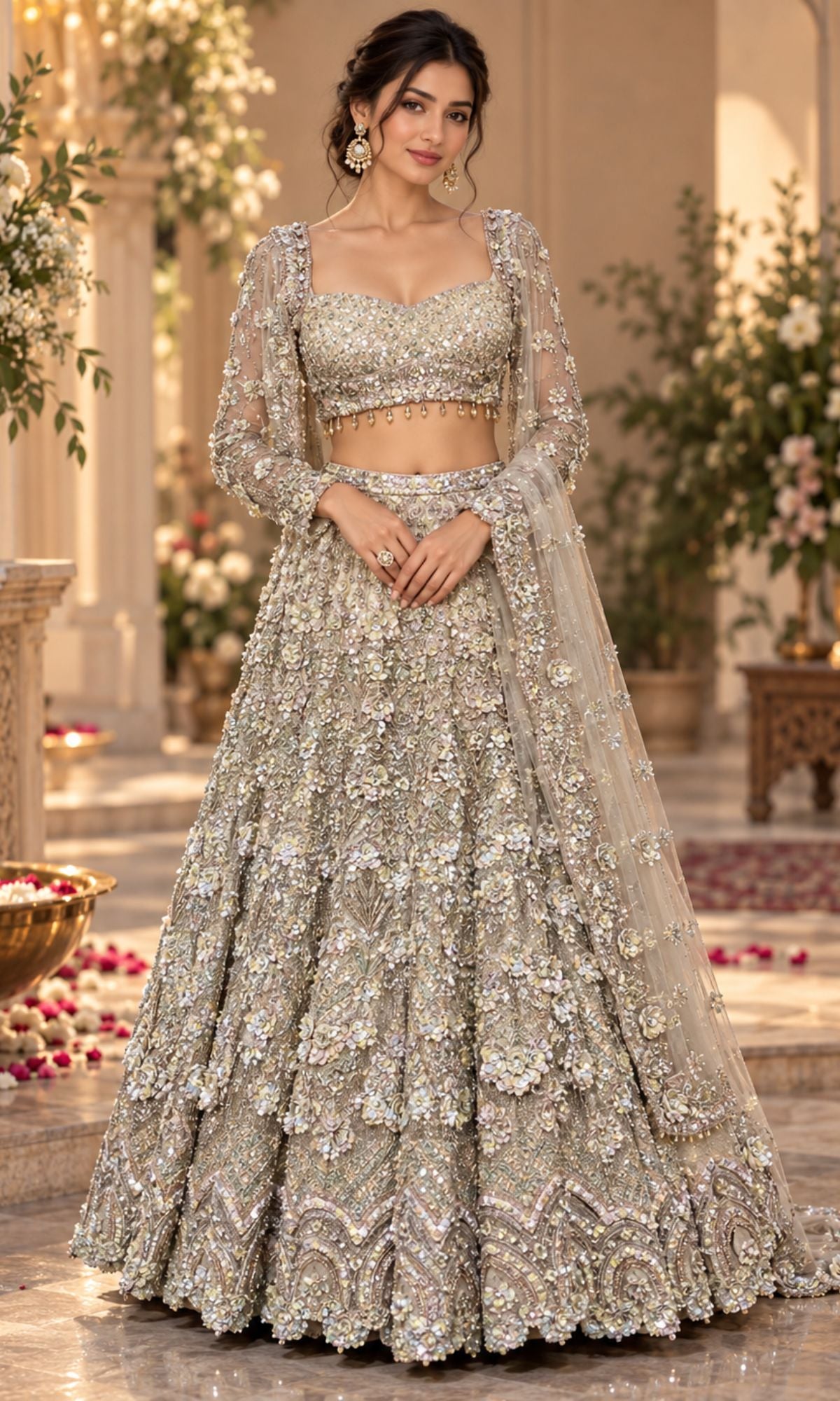Silver Champagne Floral Embroidered Lehenga