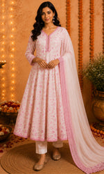 White & PInk Threadwork Anarkali Kurta Set