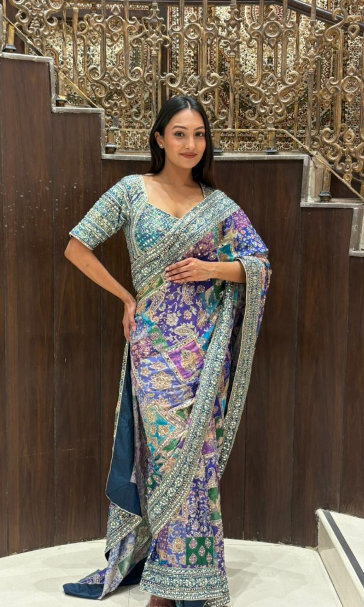 Blue Printed Saree with Stitched Embriodered Blouse