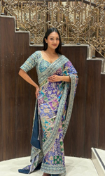 Blue Printed Saree with Stitched Embriodered Blouse