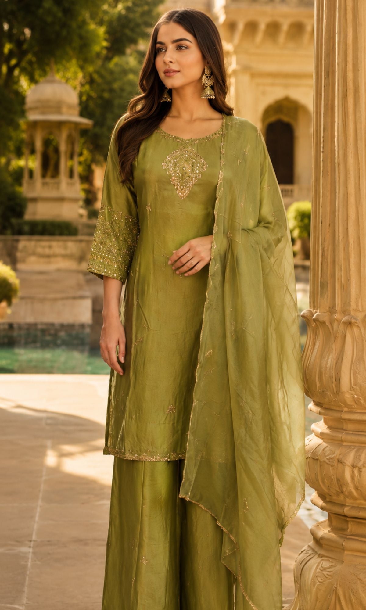 Olive Green EmbroideredKurta Set