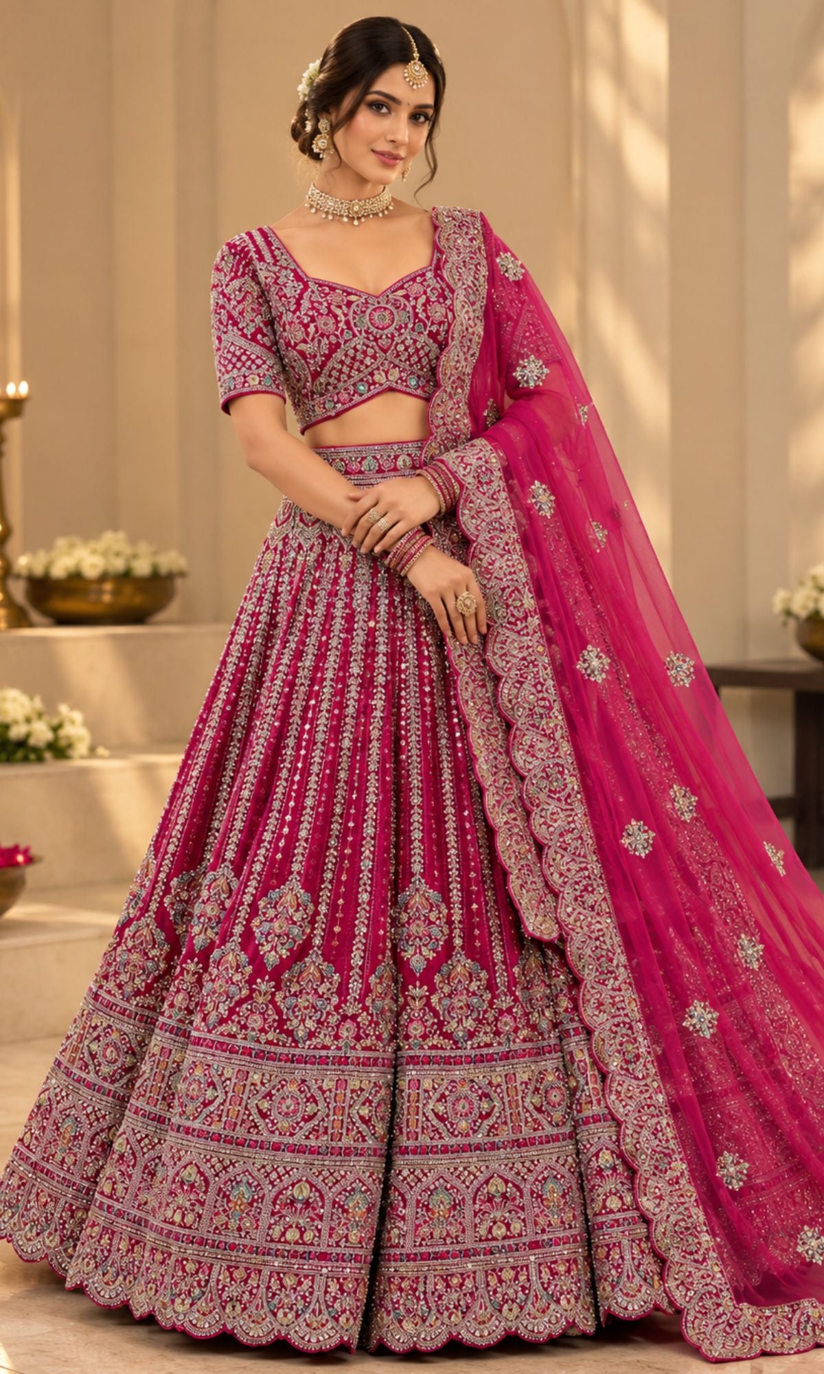 Pink Heavy Embroidered Bridal Lehenga with Blouse & Dupatta
