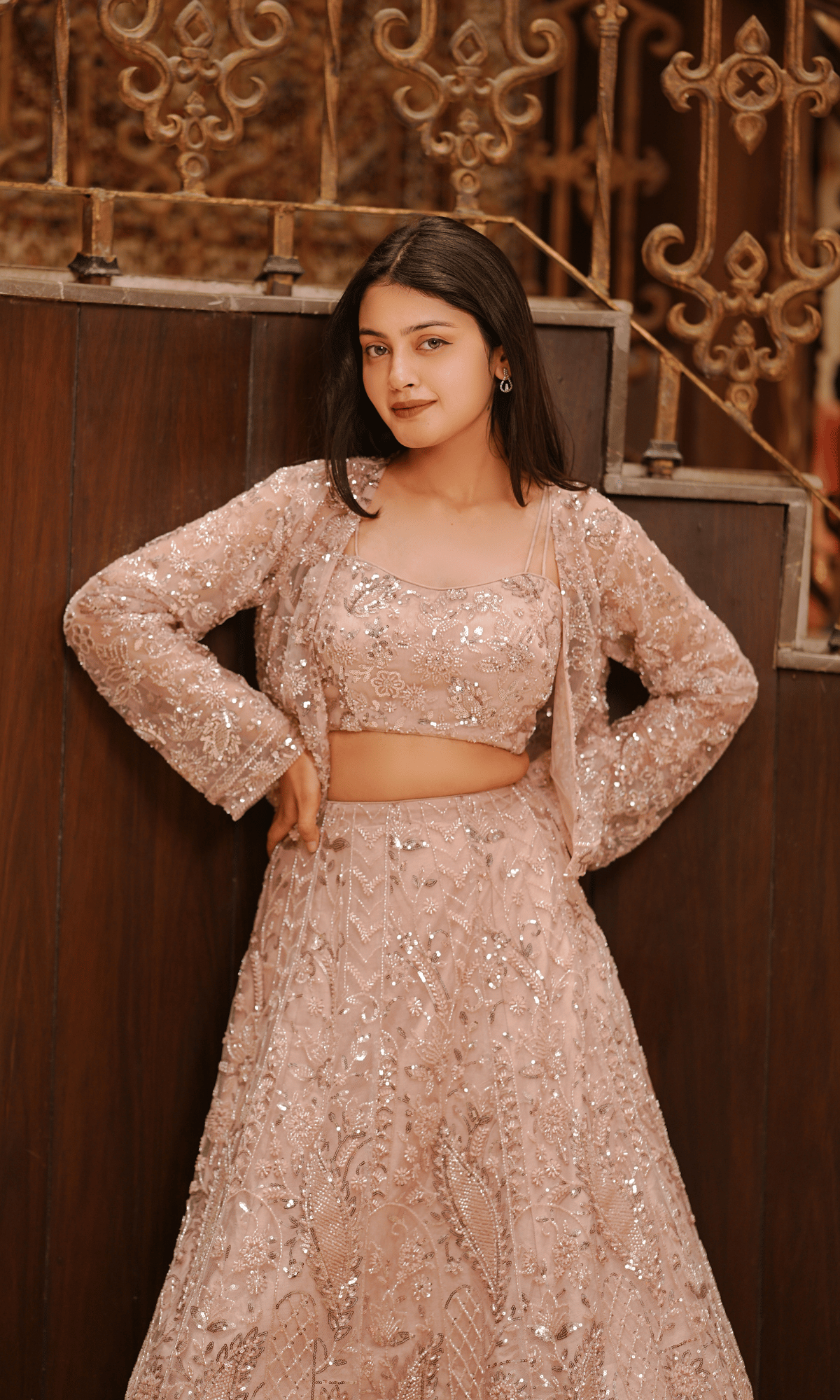 Pink Semi-Georgette Skirt & Short Jacket Set