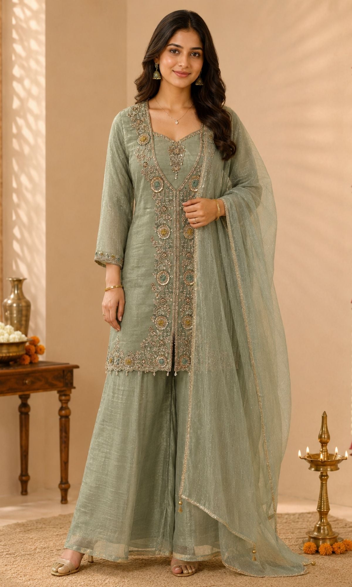 Mint Green Embroidered Palazzo Sharara Set