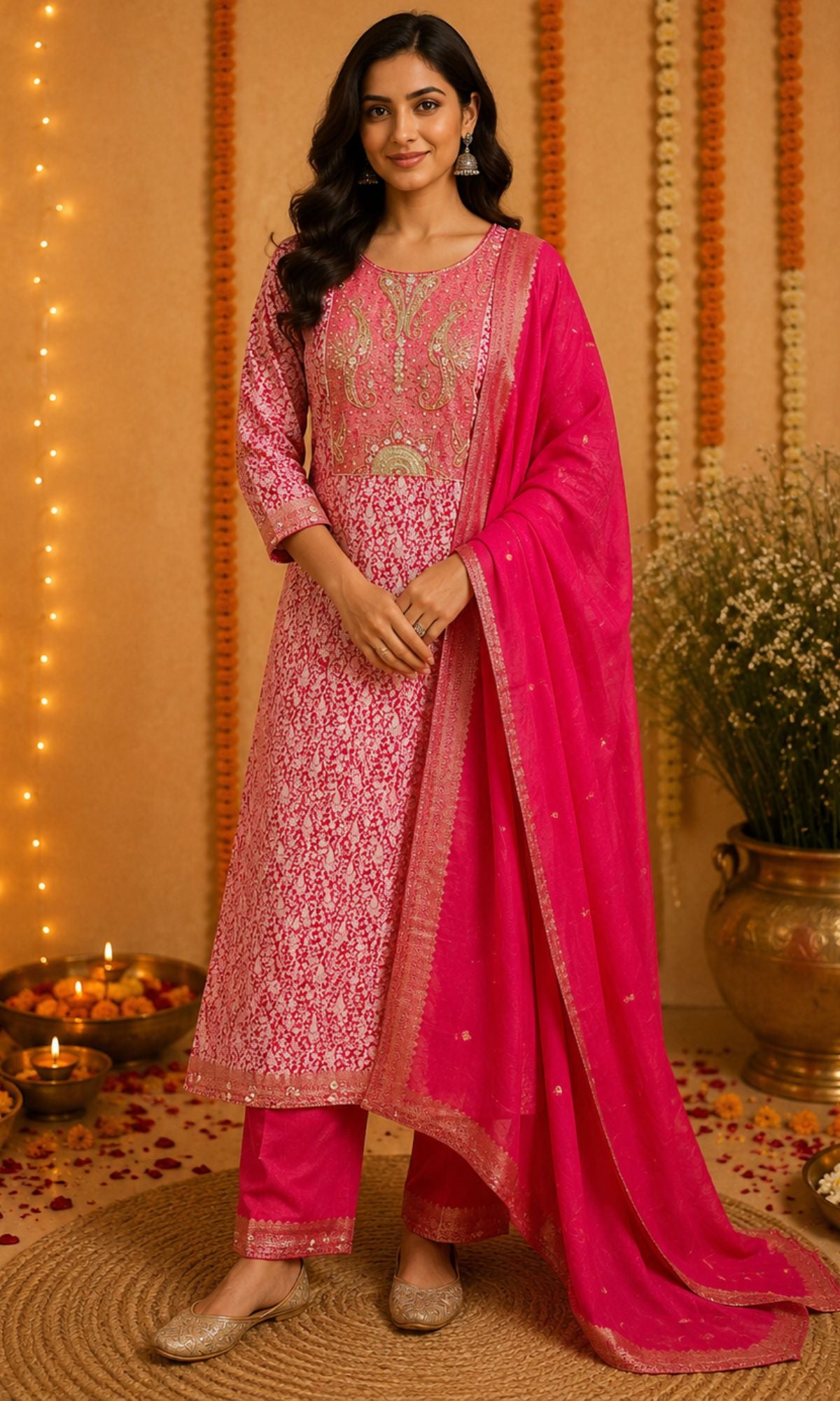 Magenta Pink Banarsi Kurta Set