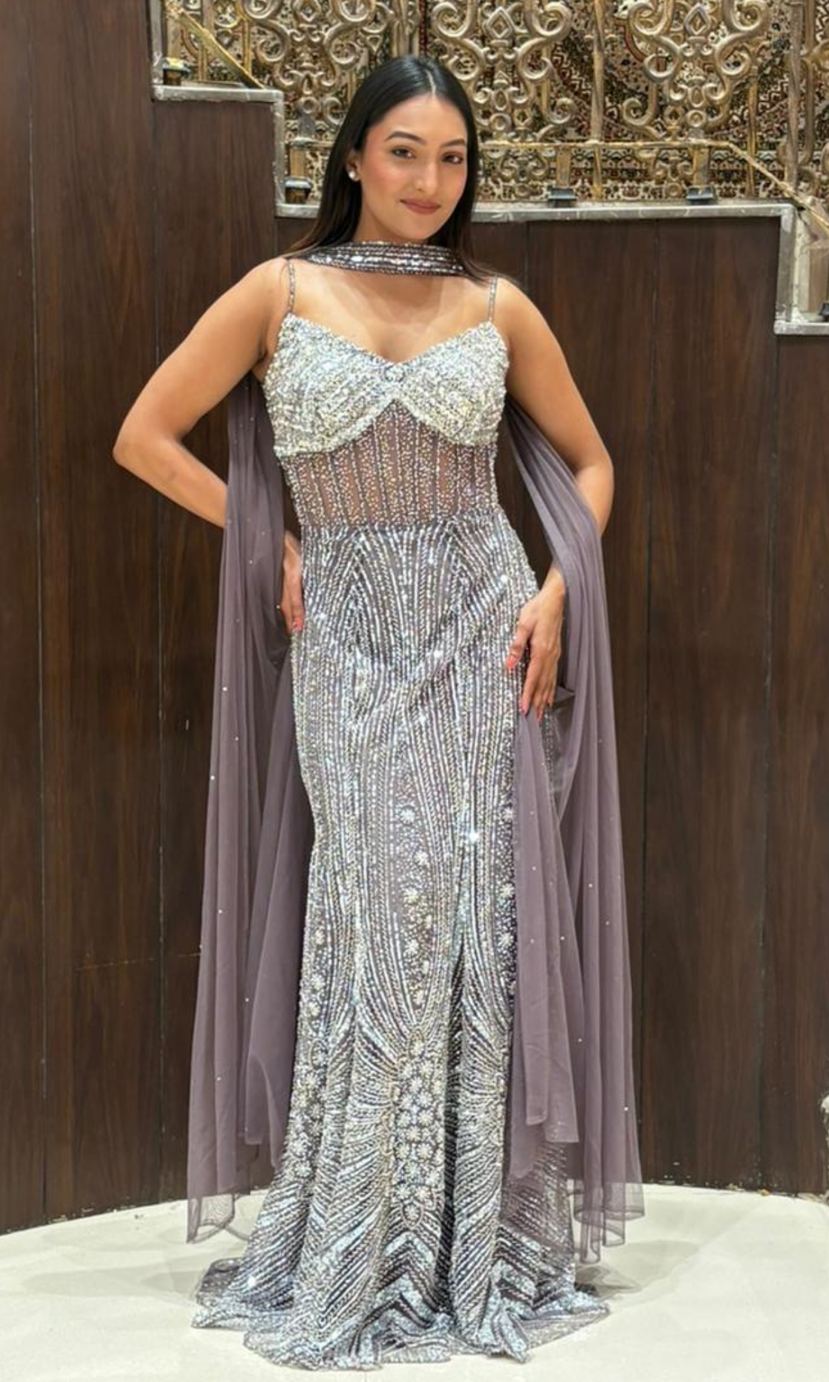 Lavender Embellished Gown With Choker Scarf