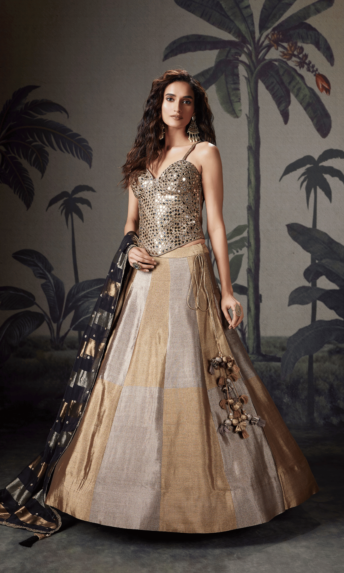 Champagne Gold Silk Lehenga With Mirror Work Corset Blouse