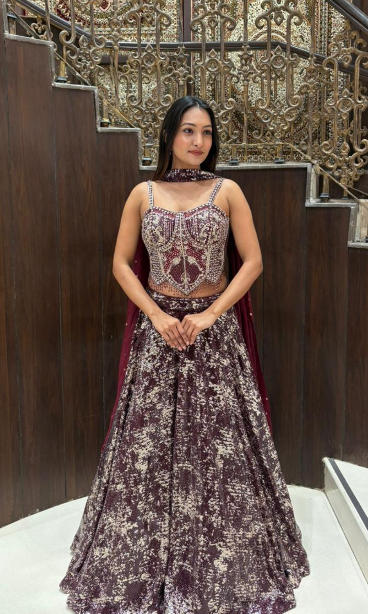 Wine Shimmer Skirt with Corset Blouse Lehenga