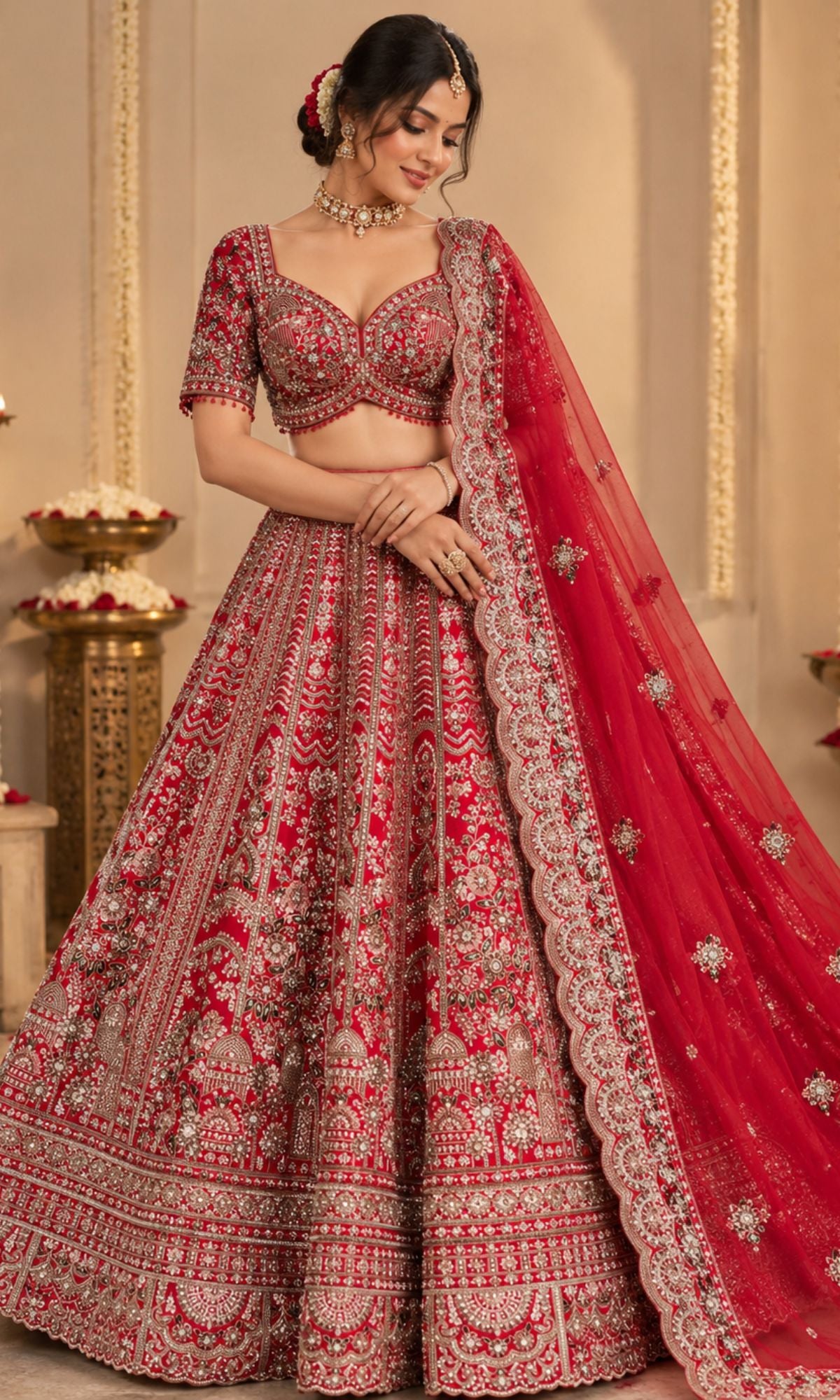 Red Bridal Lehenga with Heavy Floral Embroidery & Scalloped Dupatta