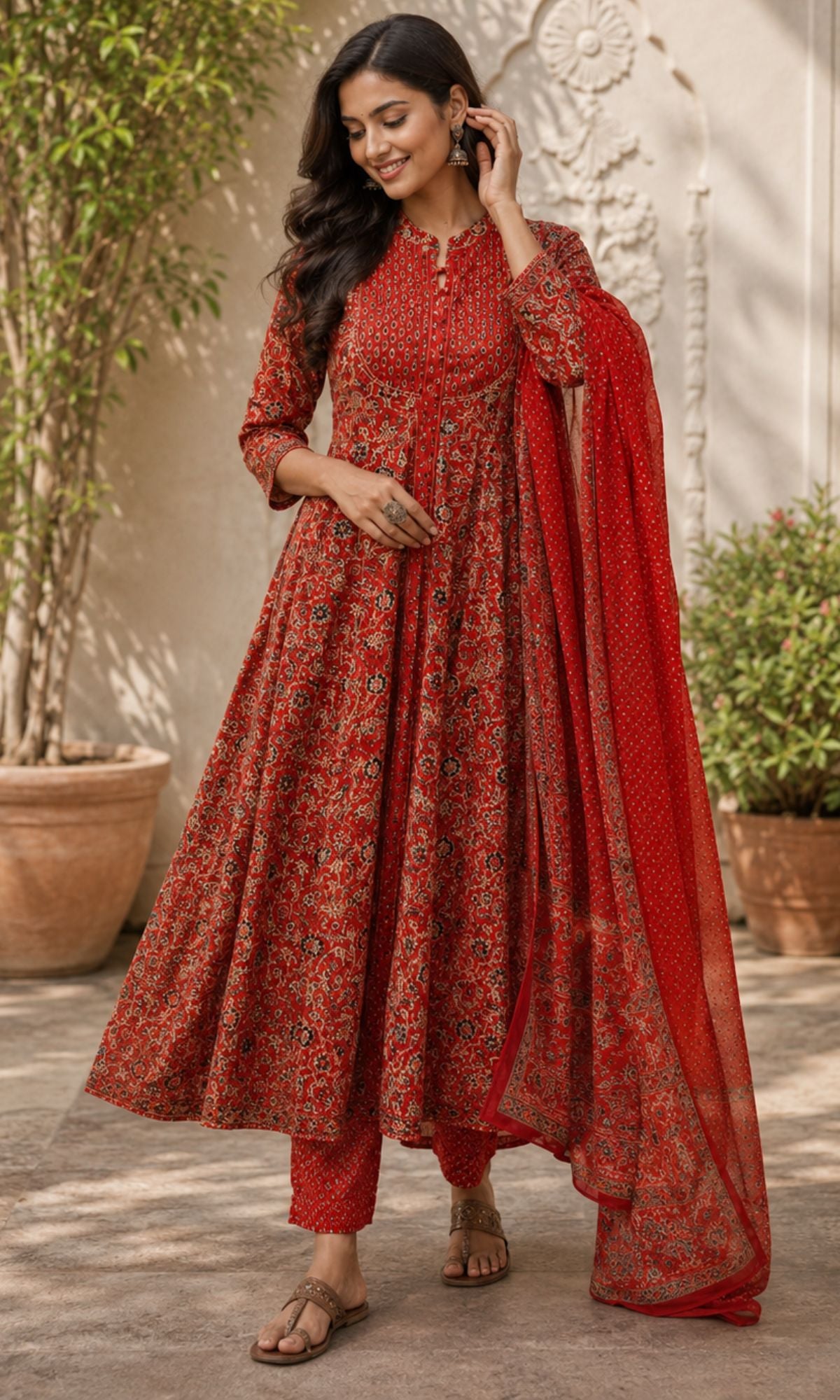 Rust Red Ajrakh Printed Anarkali Kurta Set
