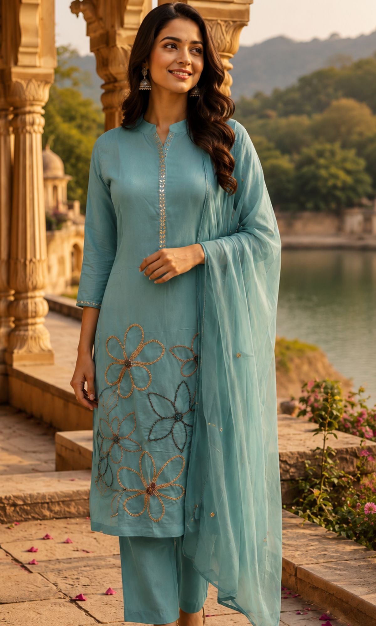 Sky Blue Floral Embroidered Kurta Set