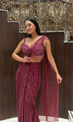Maroon Embellished Draped Saree with Stitched Blouyse