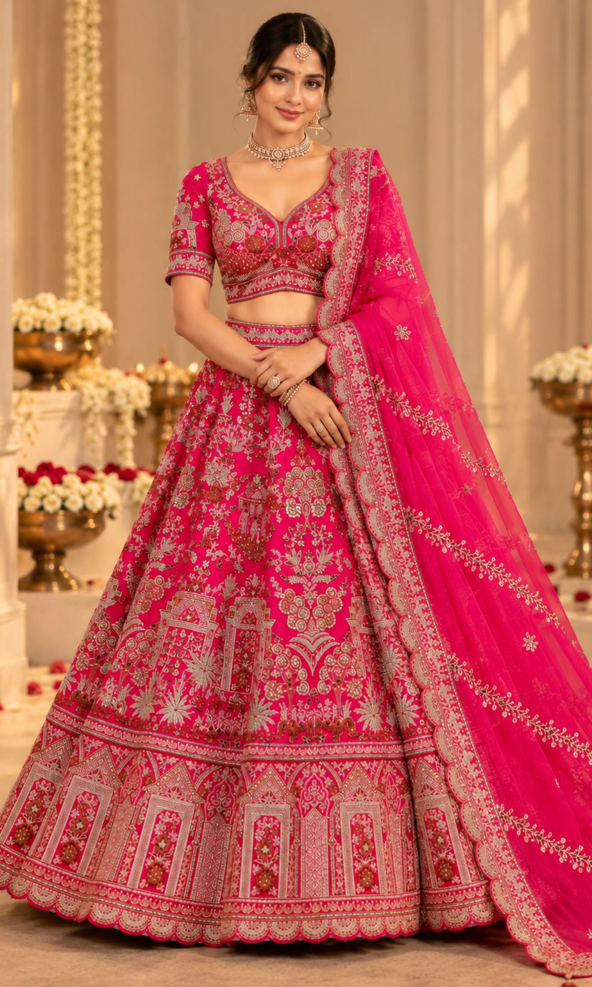 Pink Bridal Lehenga with Heavy Floral & Ornamental Embroidery