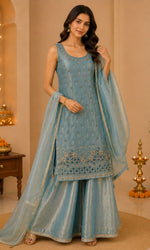 Blue Embroidered Palazzo Sharara Set