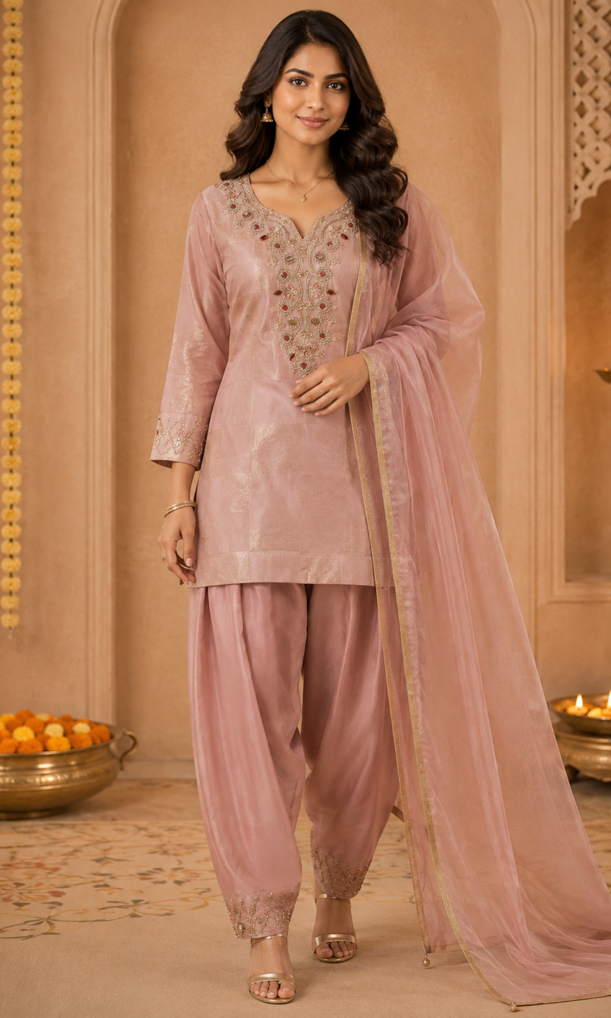 Pink Embroidered Farsi Salwar Sharara Set