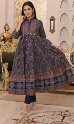 Navy Blue Ajrakh Printed Anarkali Kurta Set