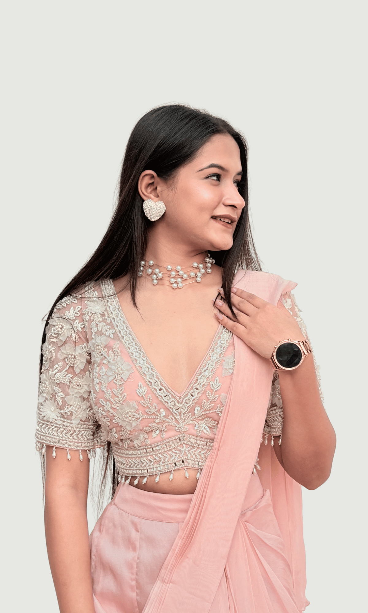 Blush Pink Organza Ruffle Saree with Embroidered Blouse
