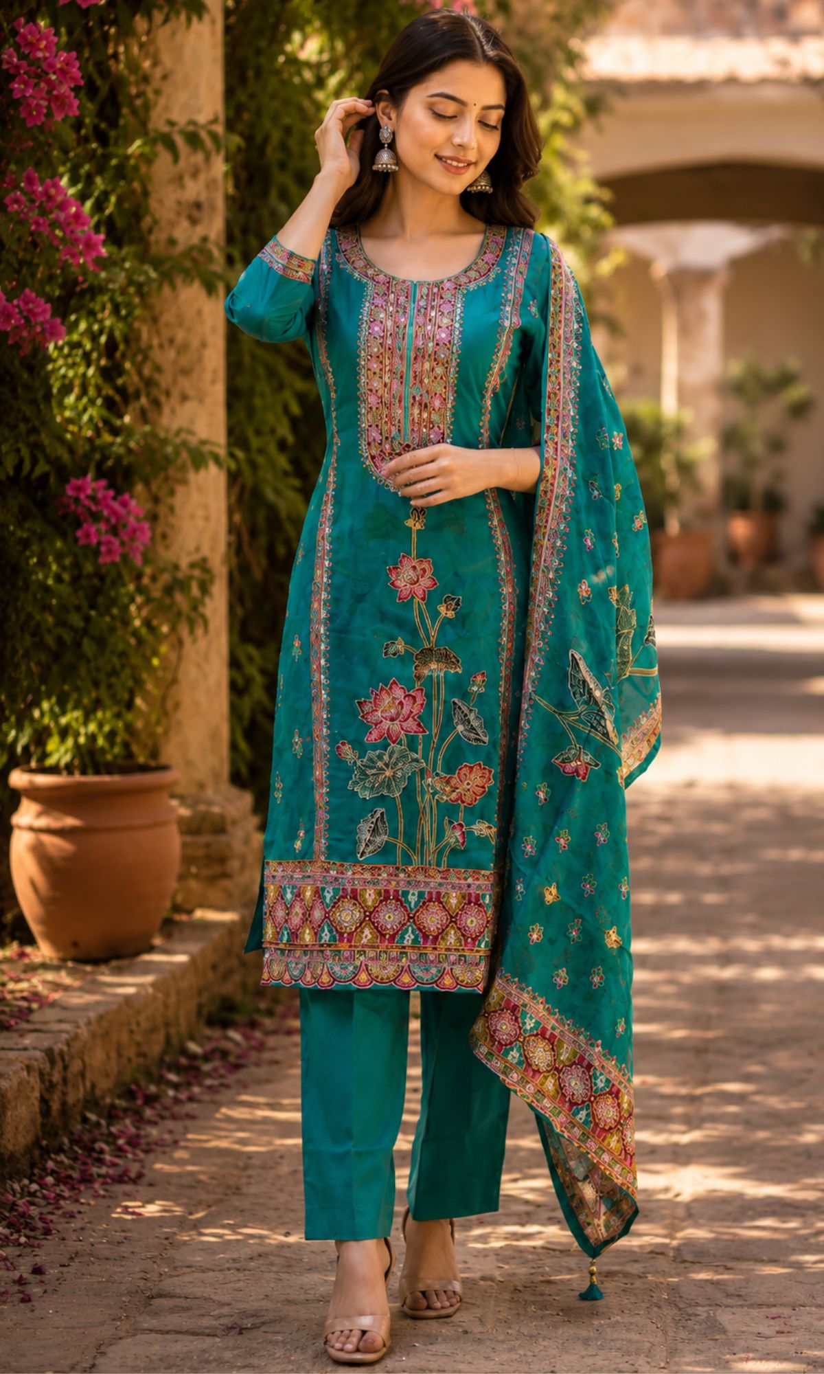 Teal Floral Printed Kurta Set