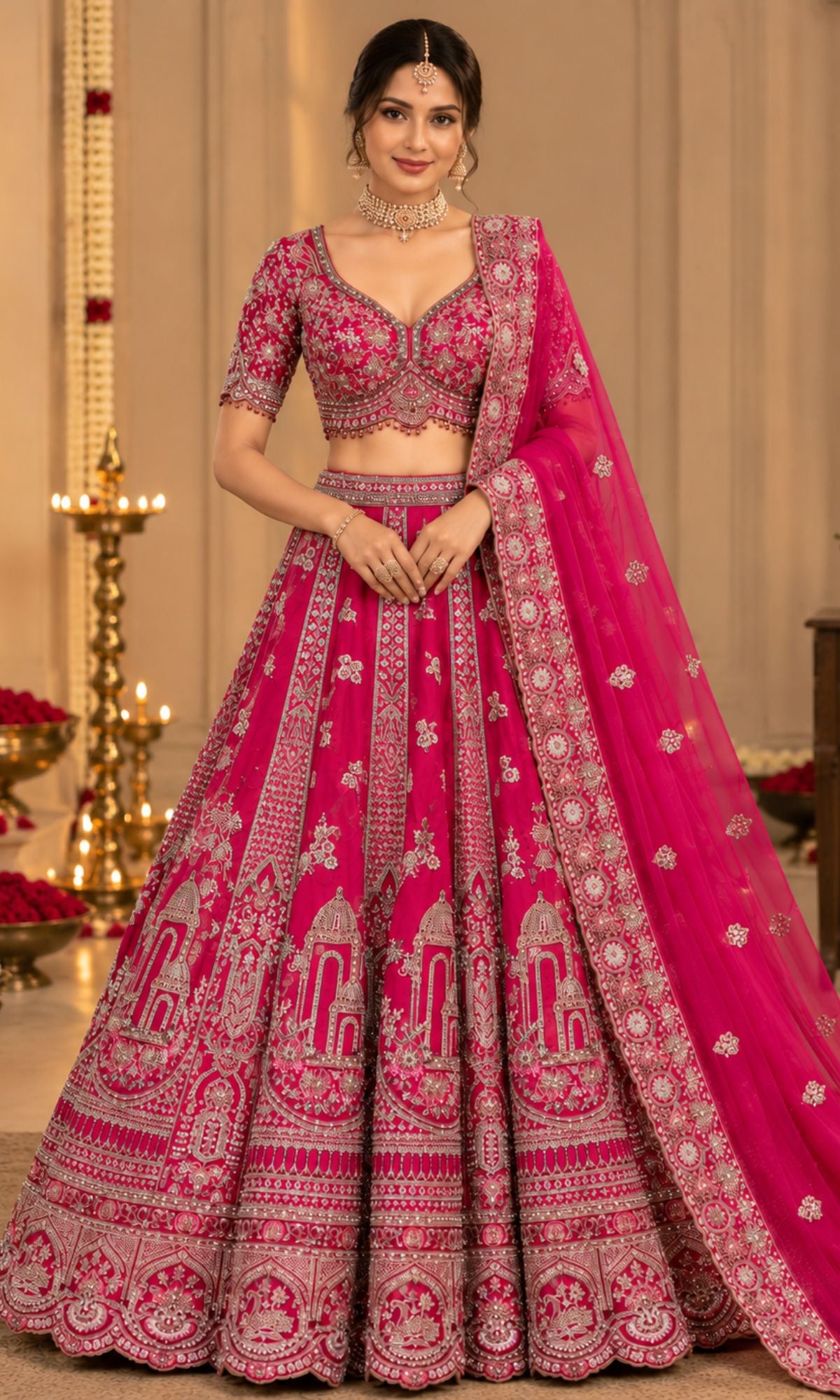 Rani Pink Bridal Lehenga with Intricate Embroidery & Embellished Dupatta