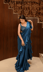 Teal Blue Satin Ruffle Saree with Embroidered Blouse