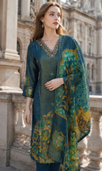 Teal Floral Printed Kurta Set