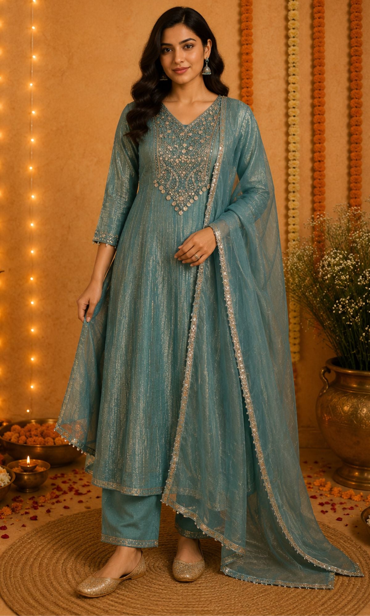 Blue Embellished Kurta Set