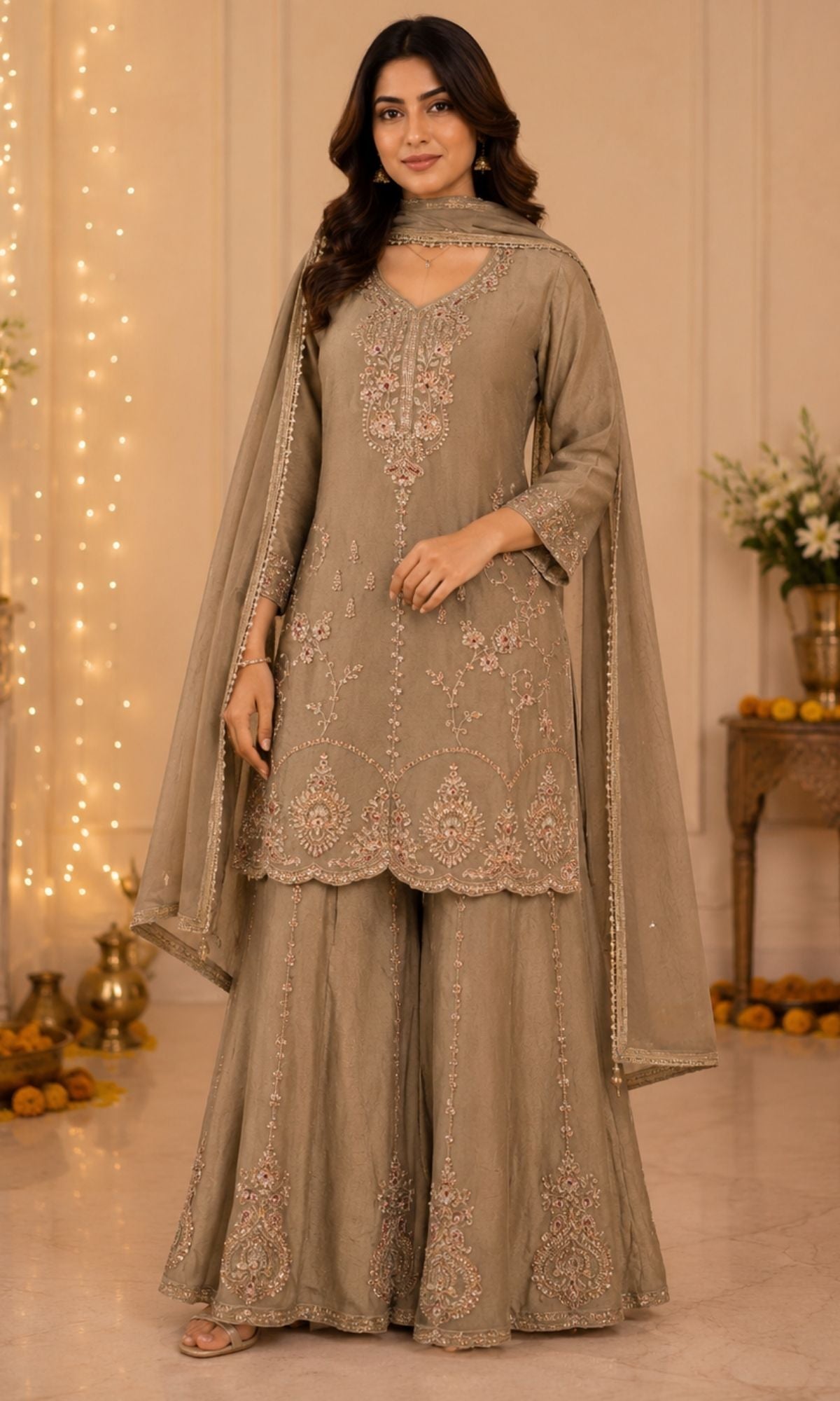 Brown Embroidered Palazzo Sharara Set