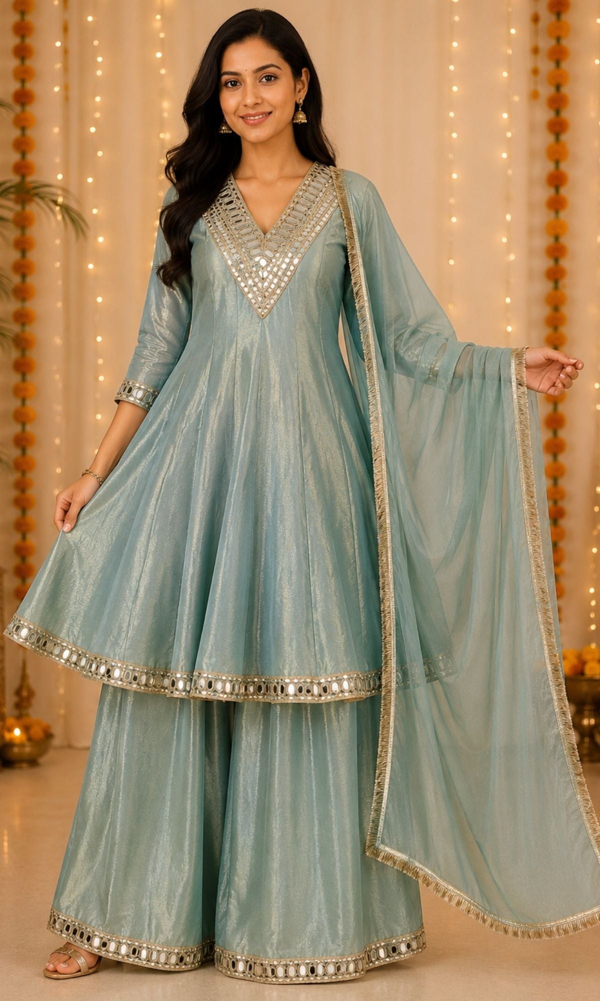 Blue Mirrior Work Palazzo Sharara Set
