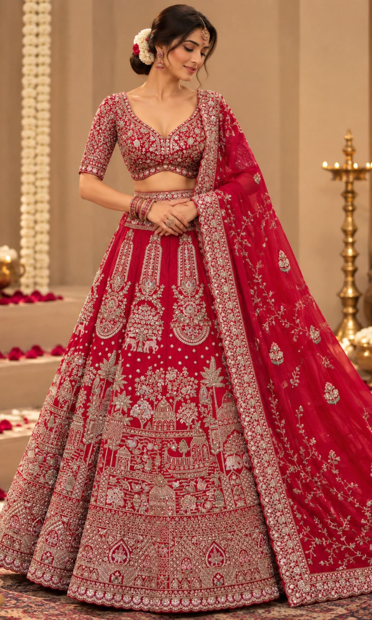 Bridal Red Embroidered Lehenga with Blouse & Dupatta