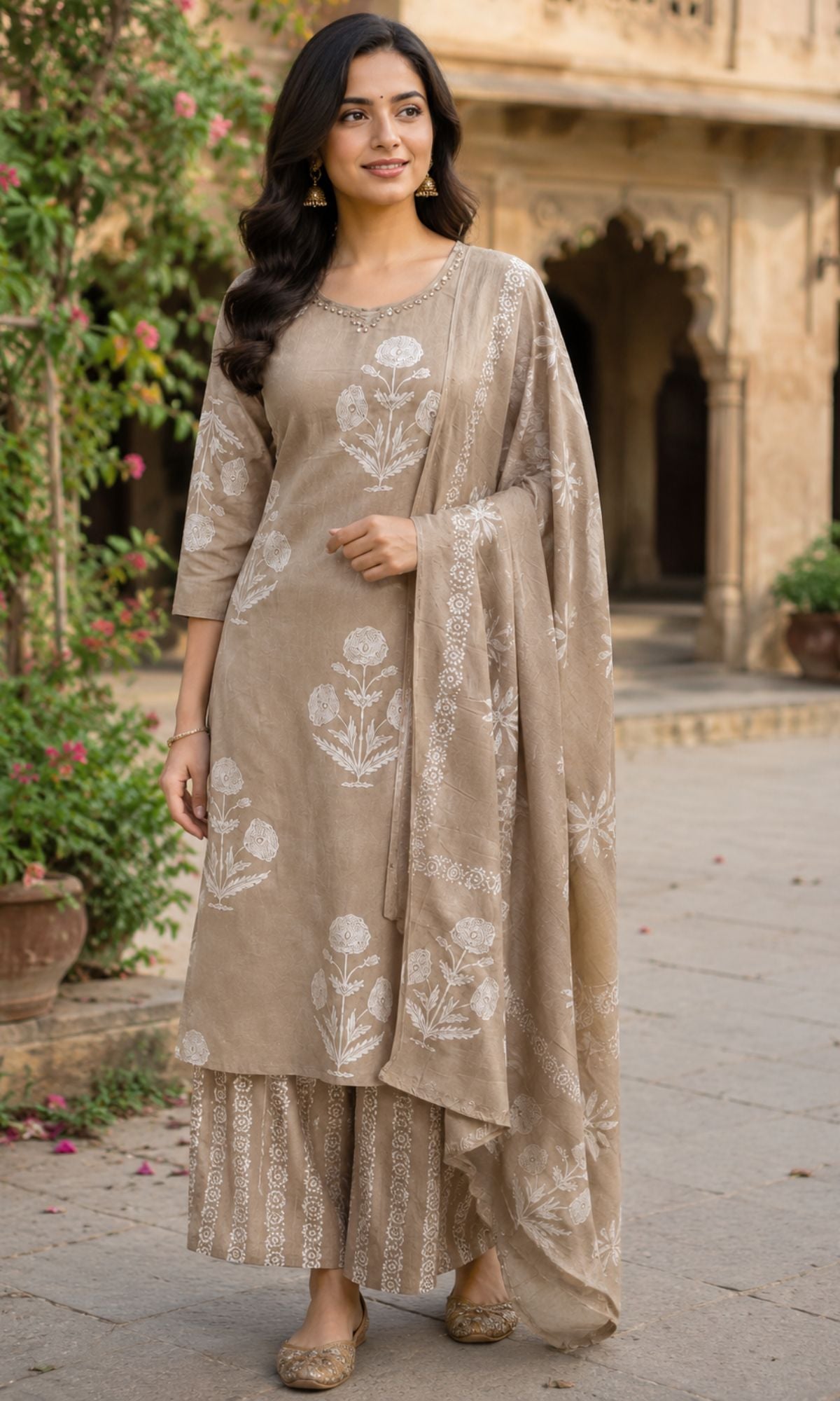 Brown Floral Printed Kurta Set