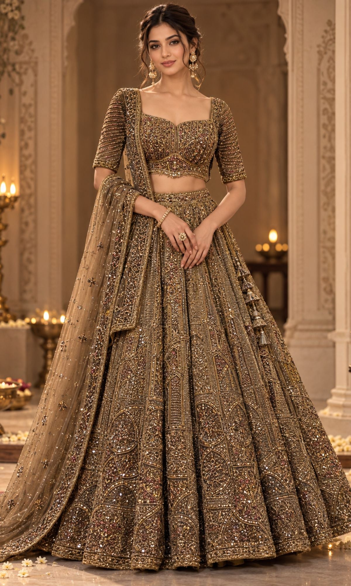 Brown Embroidered Bridal Lehenga