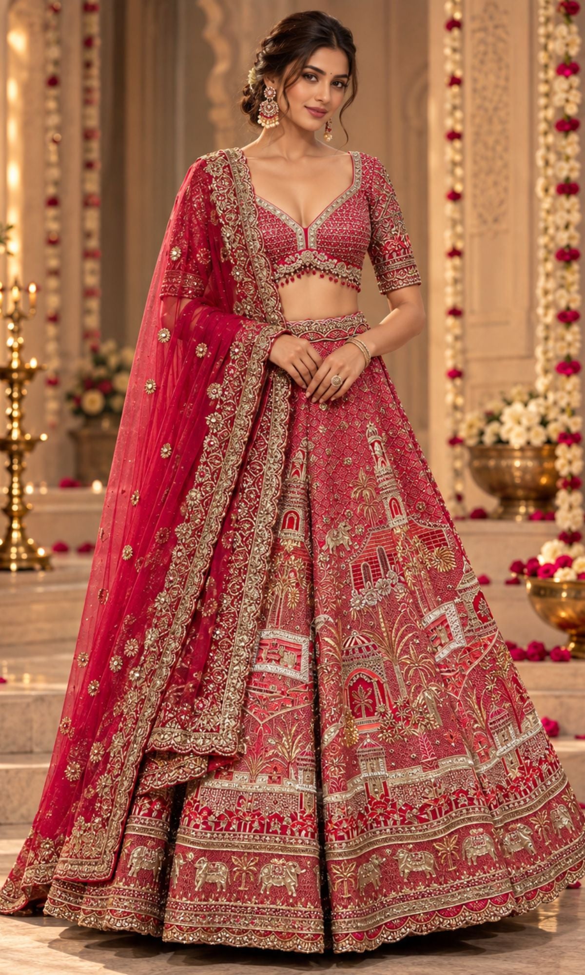 Bridal Red Motif Embroidered Lehenga