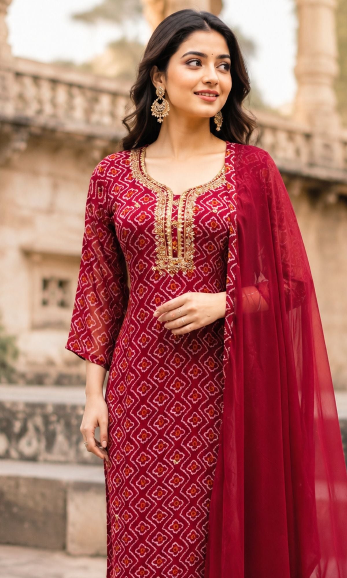 Maroon Geometric Printed Kurta Set