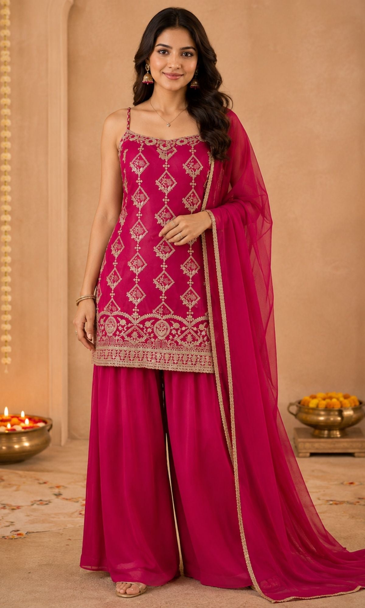 Mahenta Pink Weave Palazzo Sharara Set