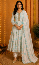 White & Aqua Threadwork Anarkali Kurta Set