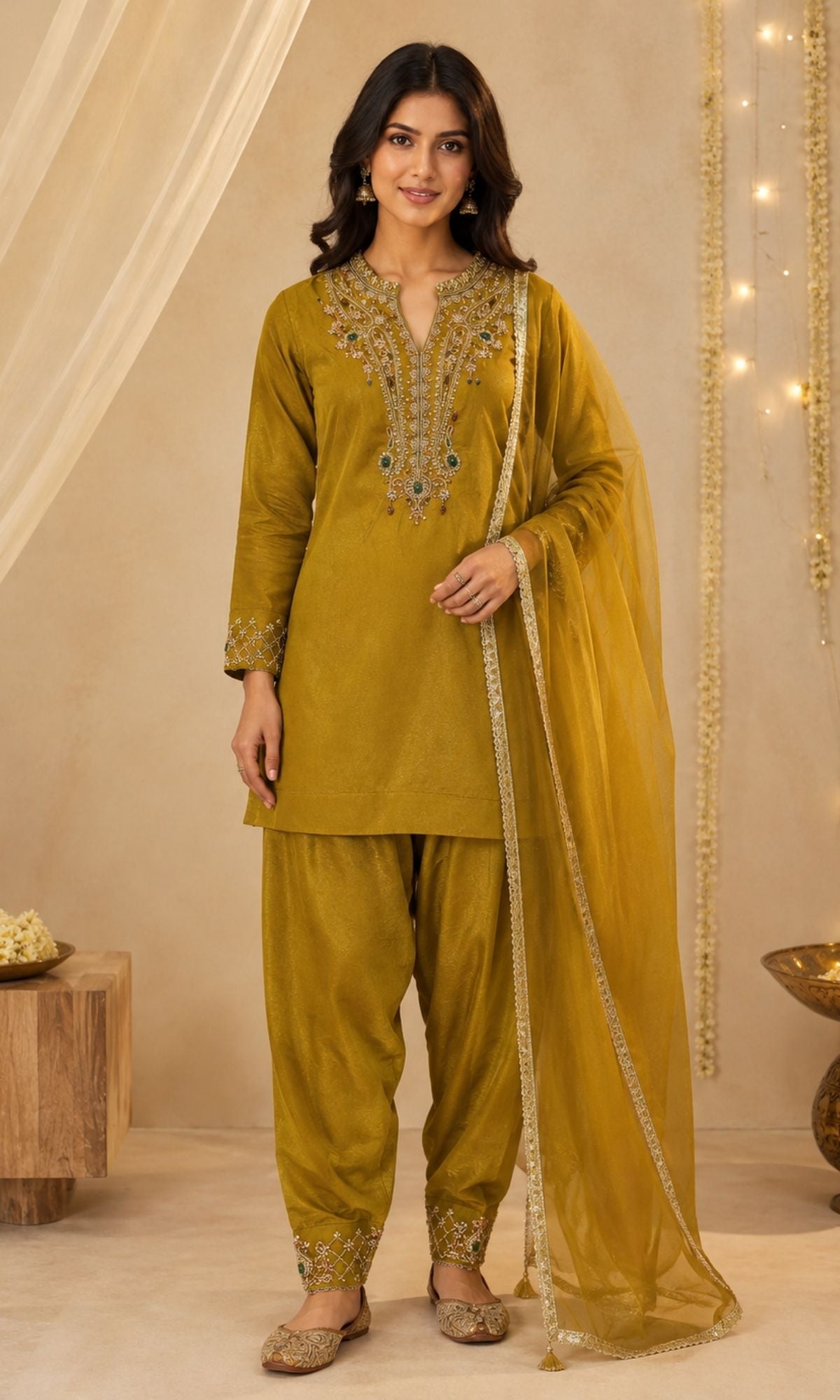 Mustard Embroidered Farsi Salwar Sharara Set