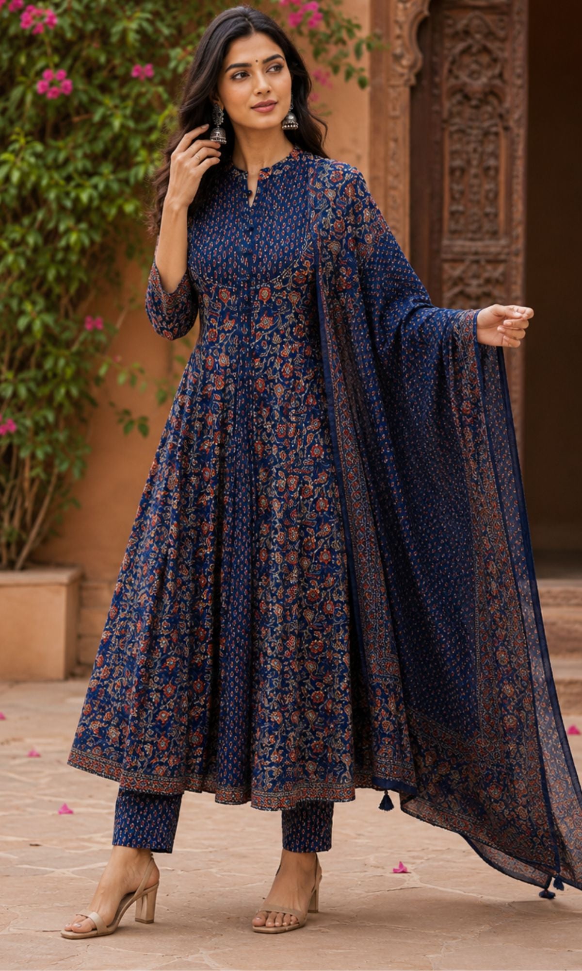 Navy Blue Printed Anarkali Kurta Set