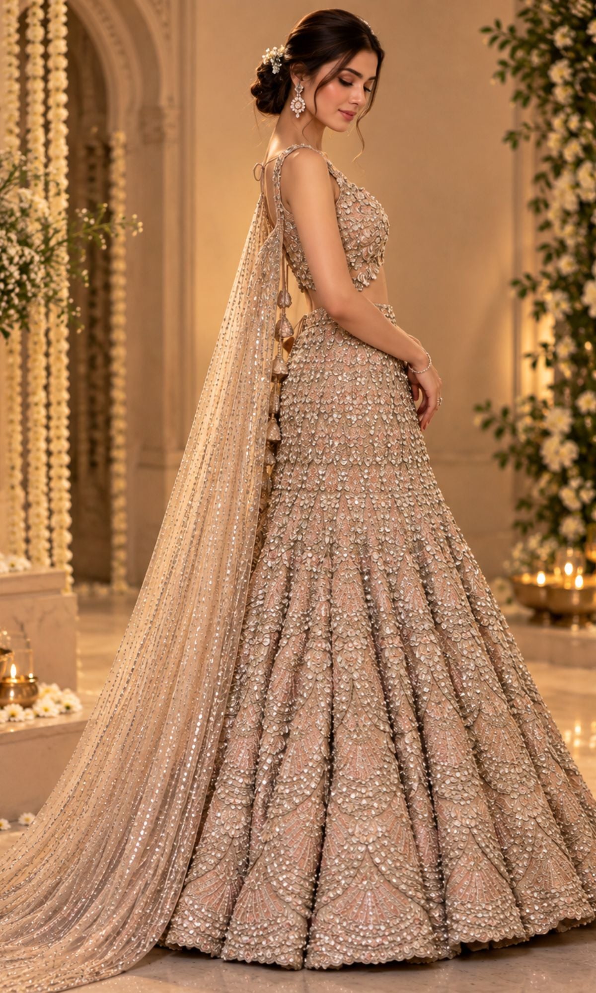 Champagne Rose Gold Bridal Lehenga with Heavy Sequin Embroidery