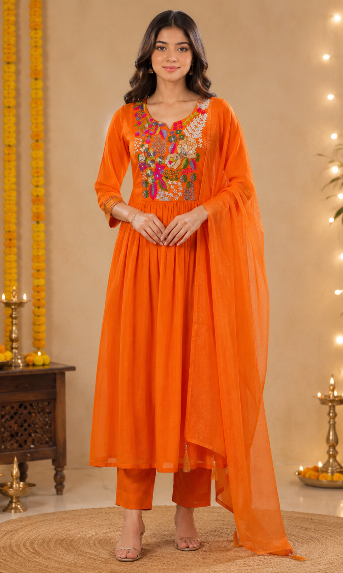 Orange Embroidered Anarkali Kurta Set