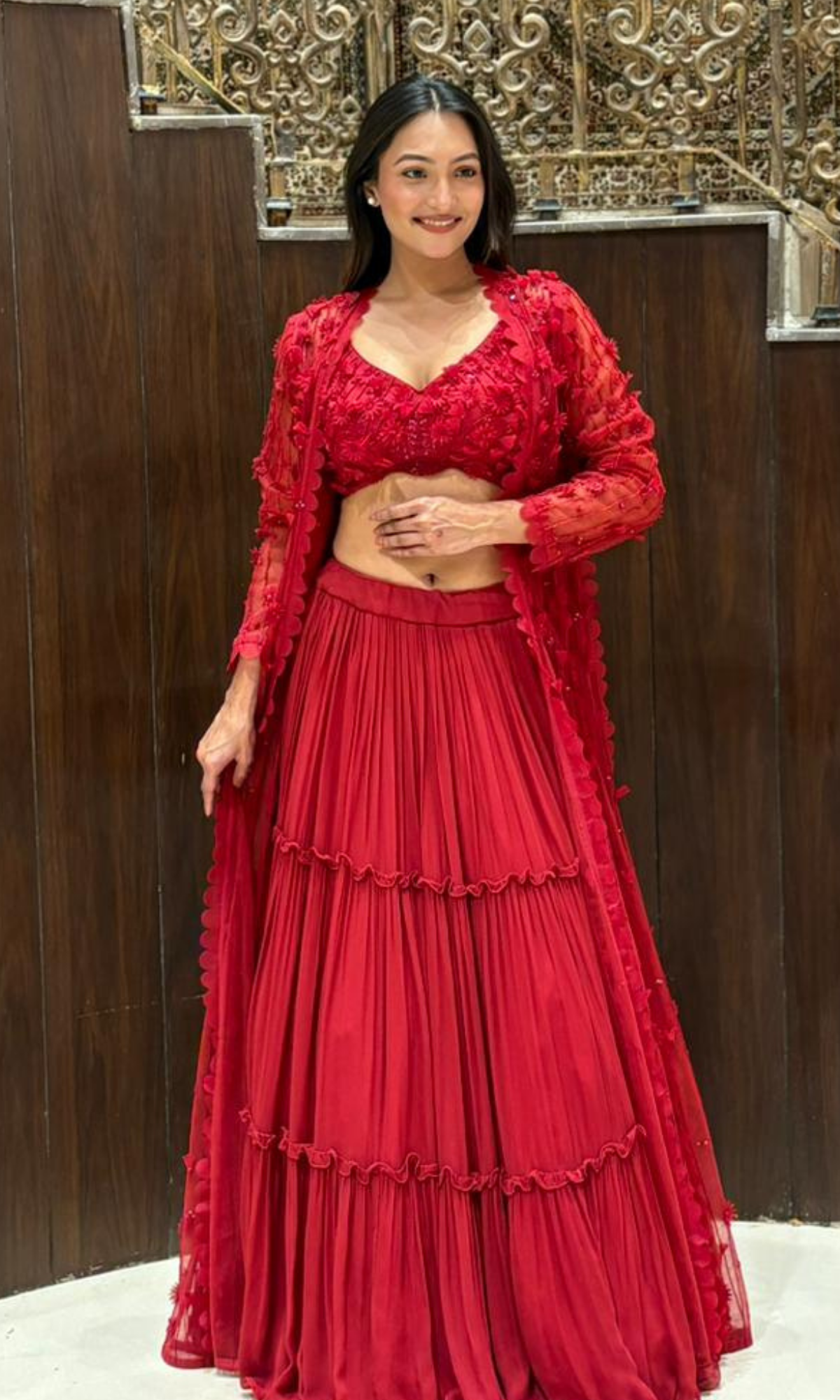 Red layered Skirt Set with Jacket