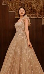 Champagne Sequence Ball Gown With Feather Sleeve